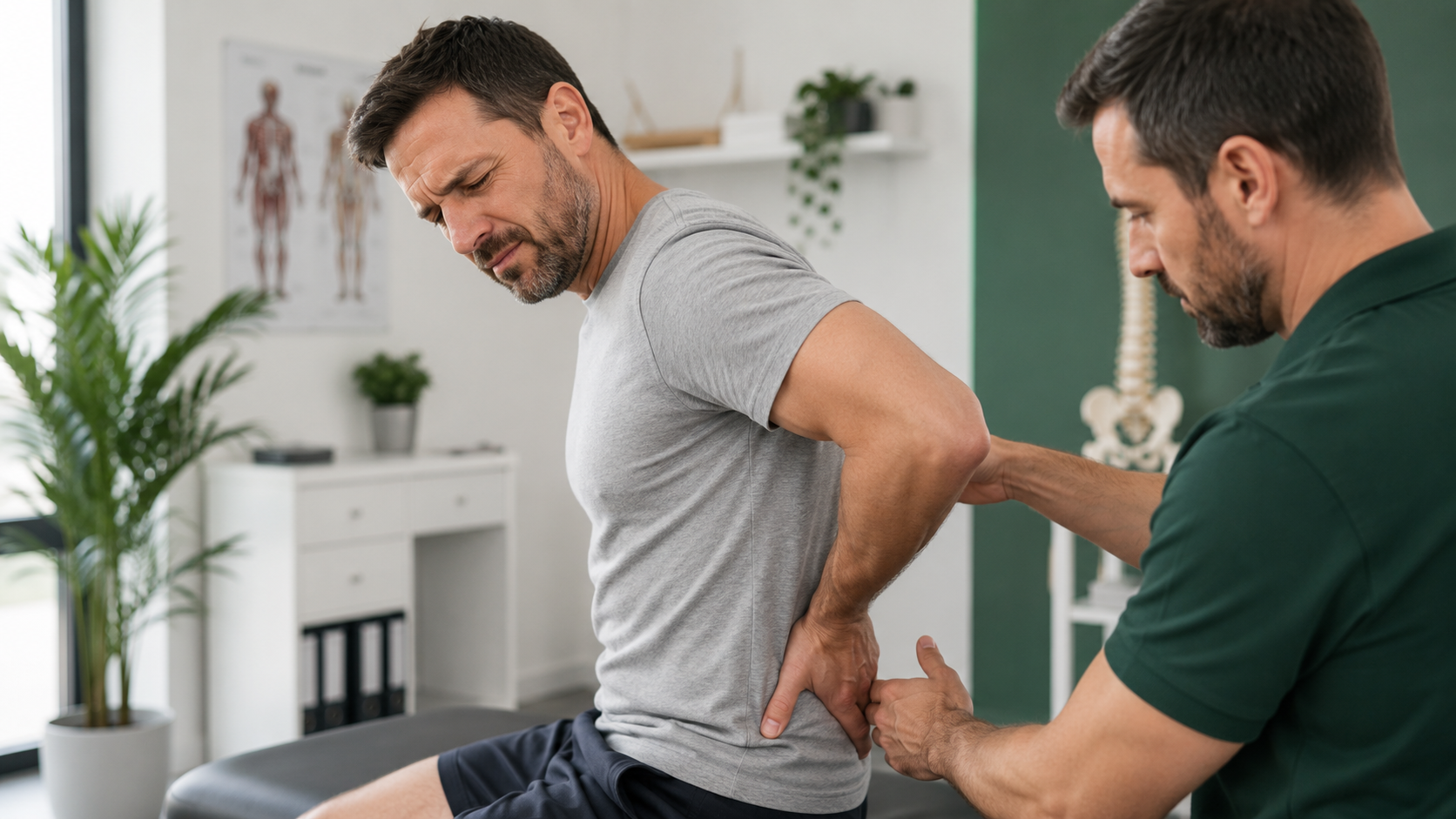 Homem com dor lombar sendo avaliado por terapeuta em consultório de massagem e quiropraxia em Lajead