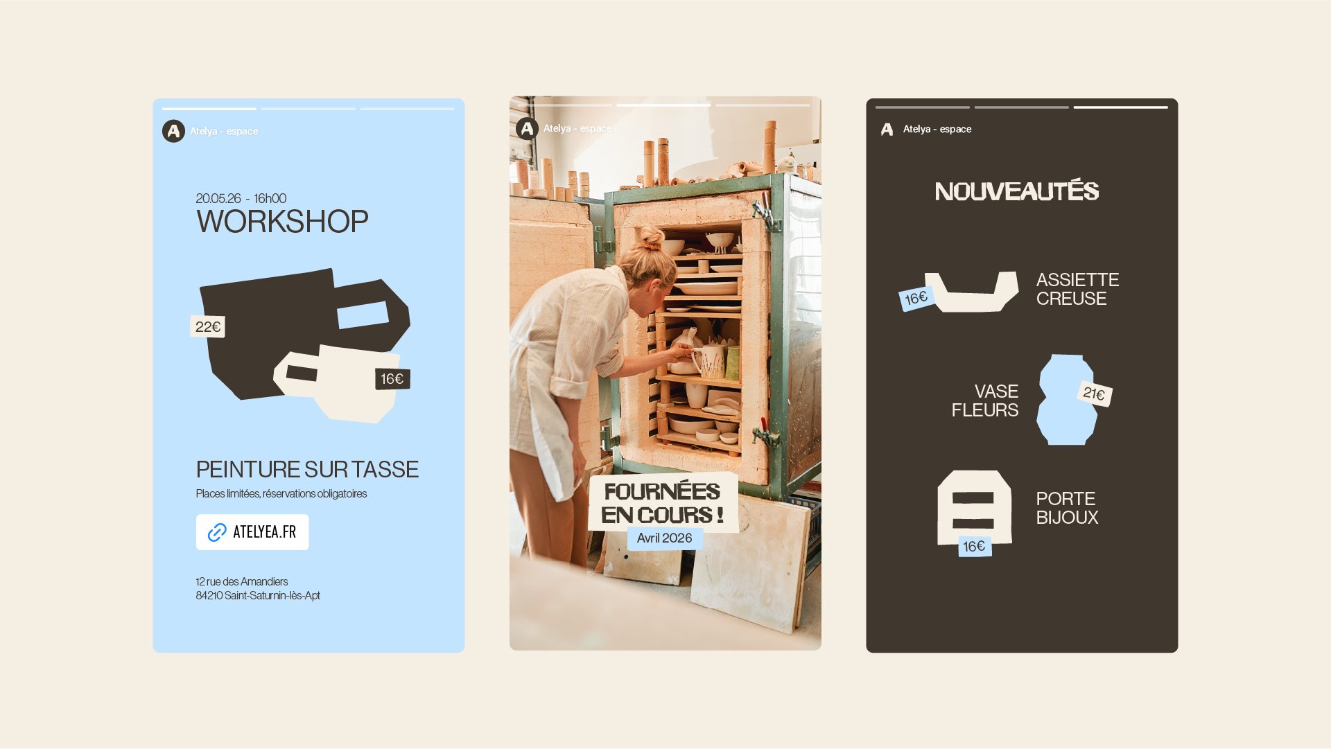 Déclinaison de l'identité visuelle pour Atelya, espace créatif et café par Tuuk studio