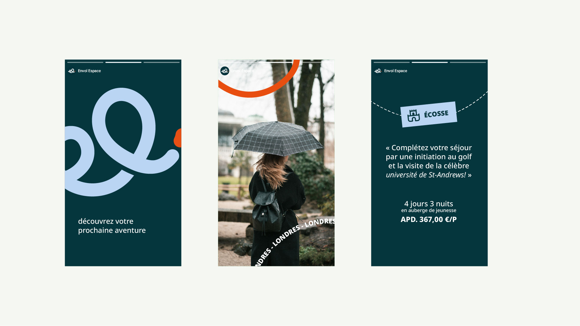 Déclinaison de l'identité visuelle d'envol espace, leader du voyage scolaire par Tuuk studio