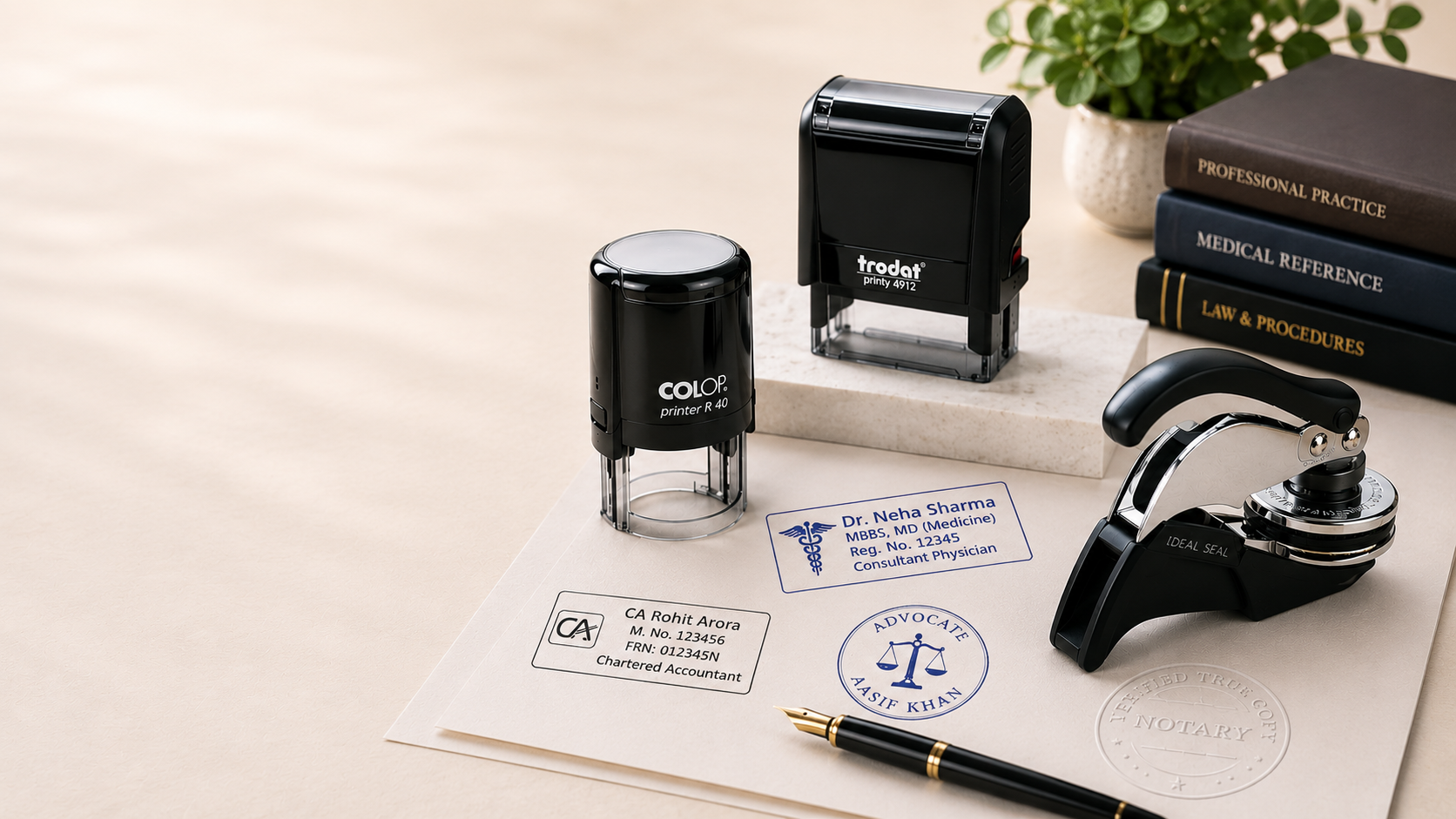 Professional self-inking rubber stamps and notary seal embosser on paper with doctor and lawyer imprints.