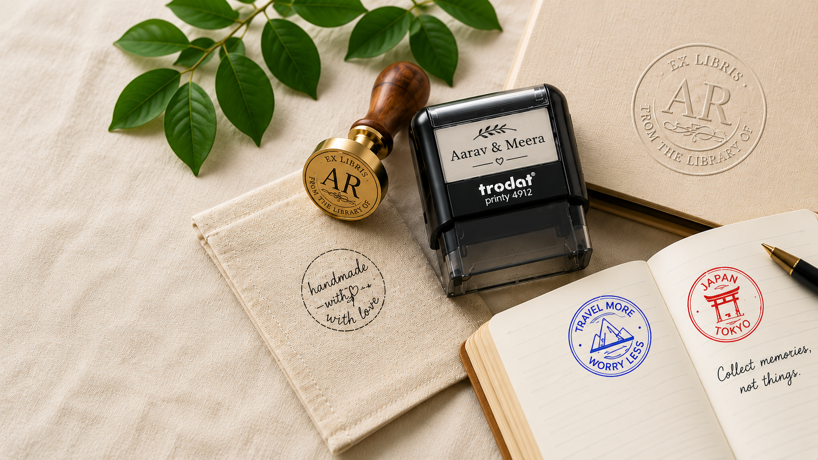 Personalized stamp, library embosser, and travel journal arranged on a neutral background with custom impressions & monogram.