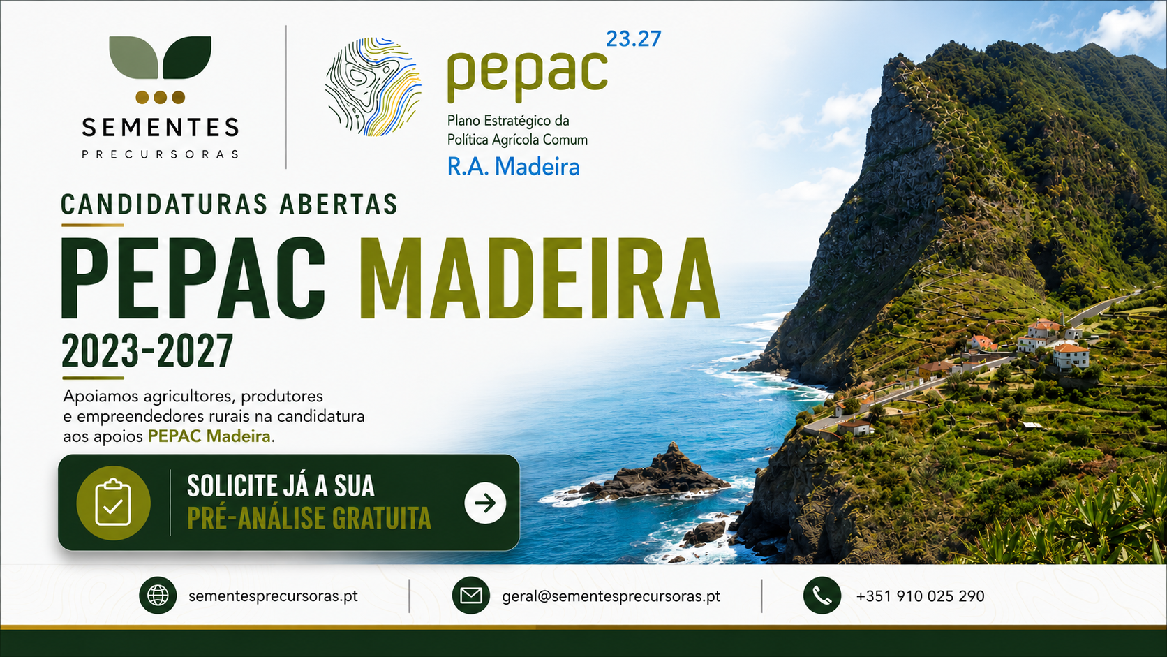 Create a premium hero image for a professional website promoting PEPAC Madeira agricultural funding.