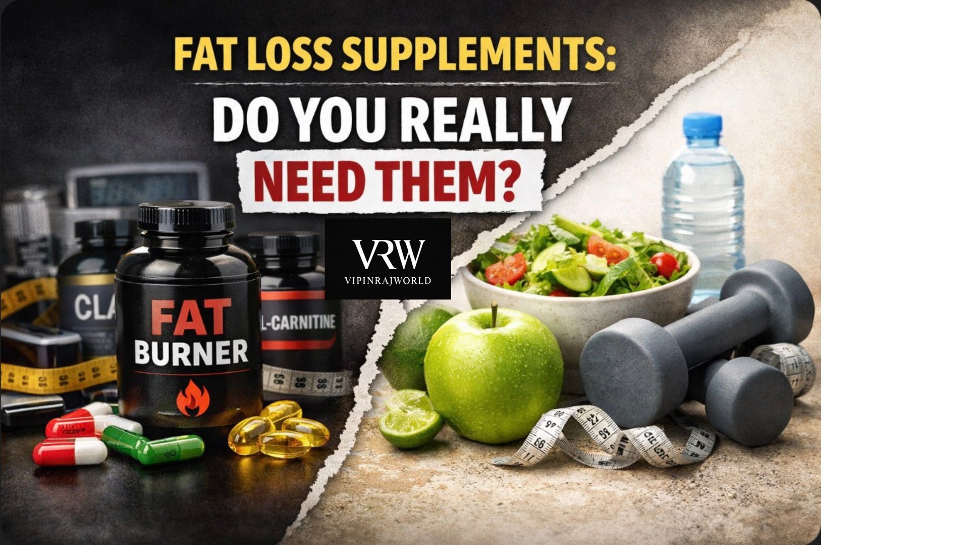 Fat loss supplements and fat burner bottle contrasted with healthy food