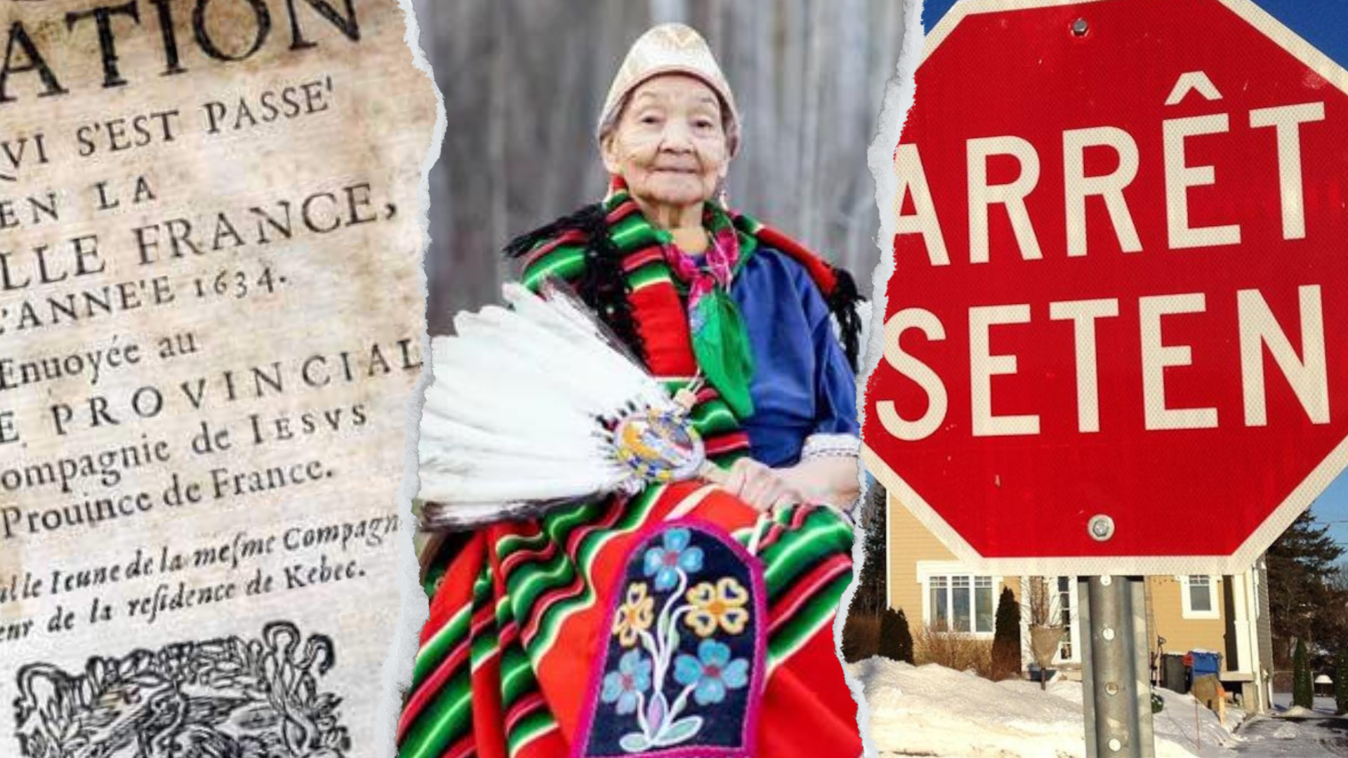 a woman in a colorful dress surrounded by an old manuscript and a bilingual stop sign
