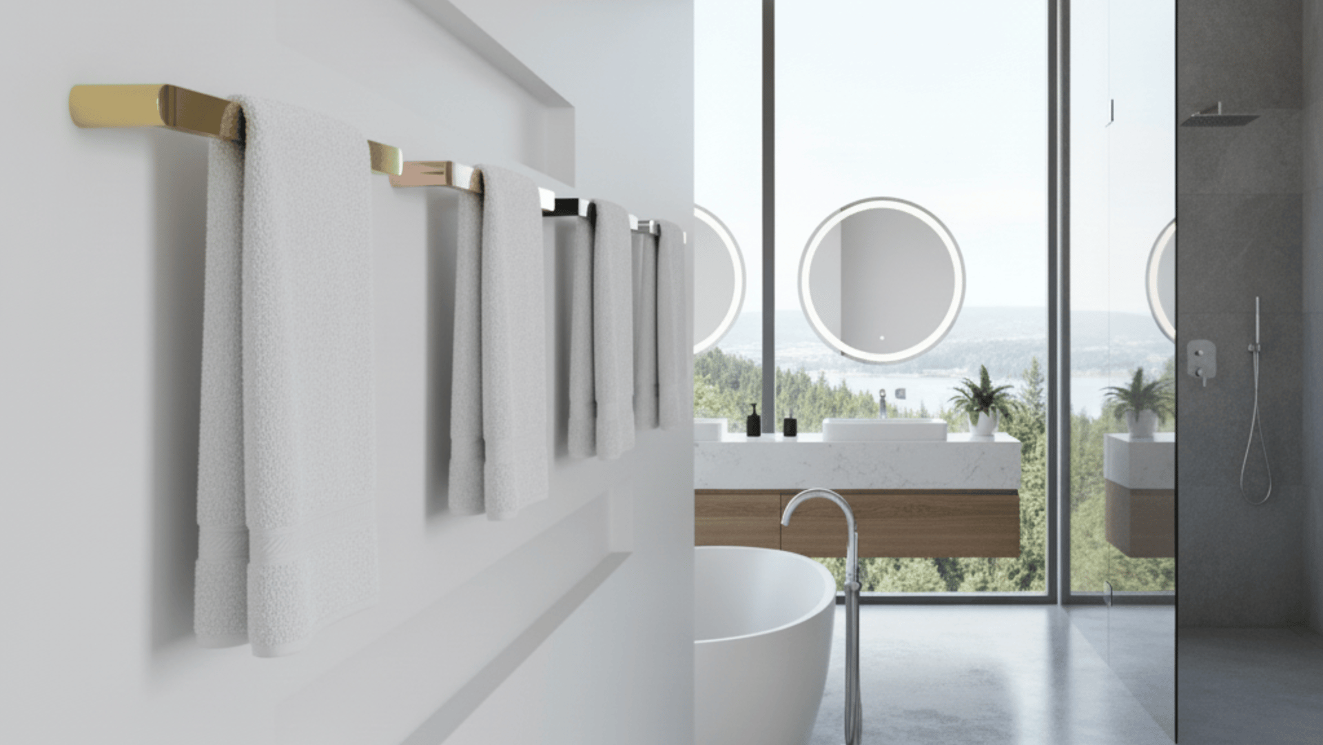 stylish heated towel bars in a range of beautiful finishes shown neatly in a modern luxury bathroom