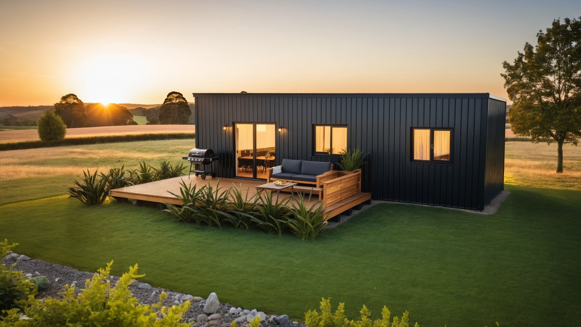 Dark cladding on transportable home, exterior view