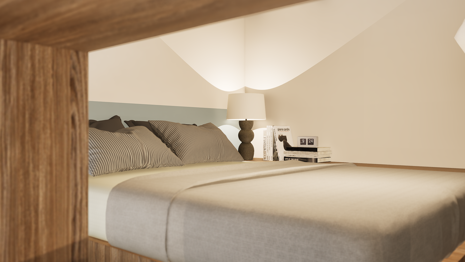 Chambre mezzanine aménagement T1 Lyon literie lampe chevet décoration moderne