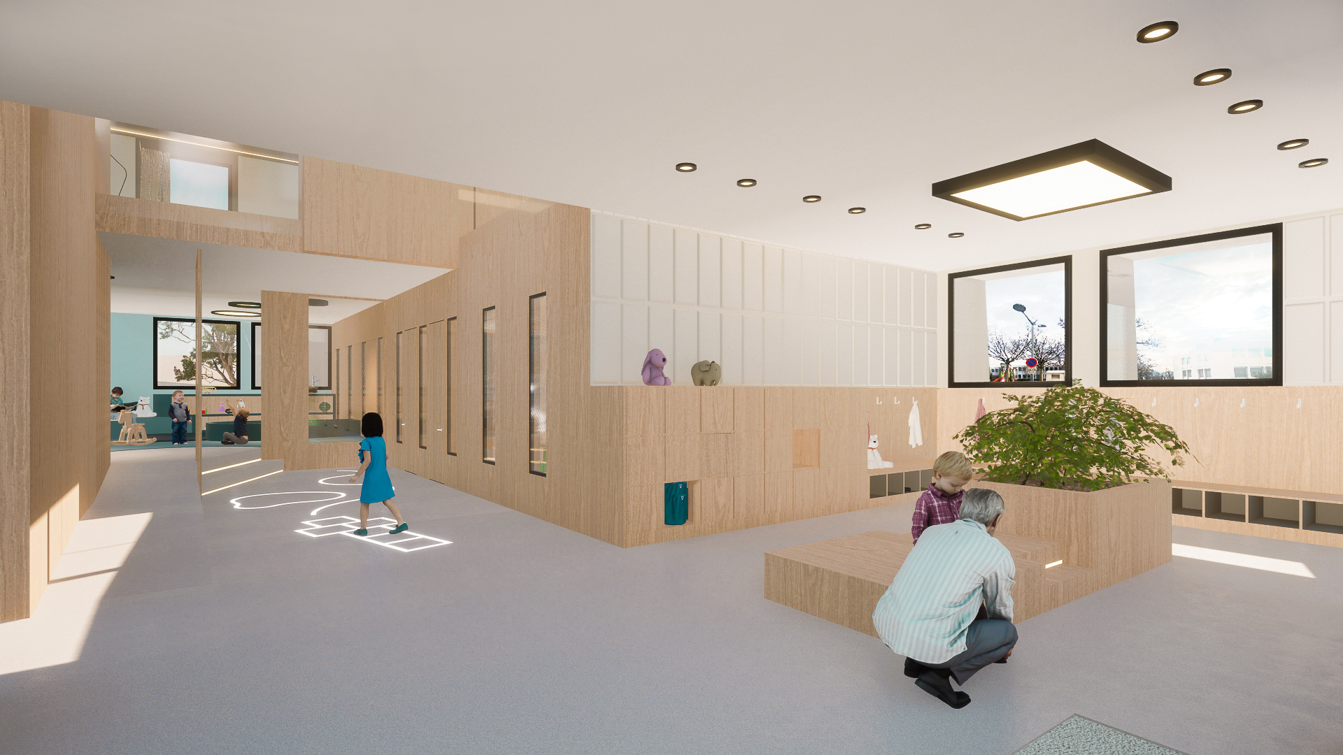 Entrée centre de loisirs zone accueil caisse assise - Réhabilitation Maison enfance