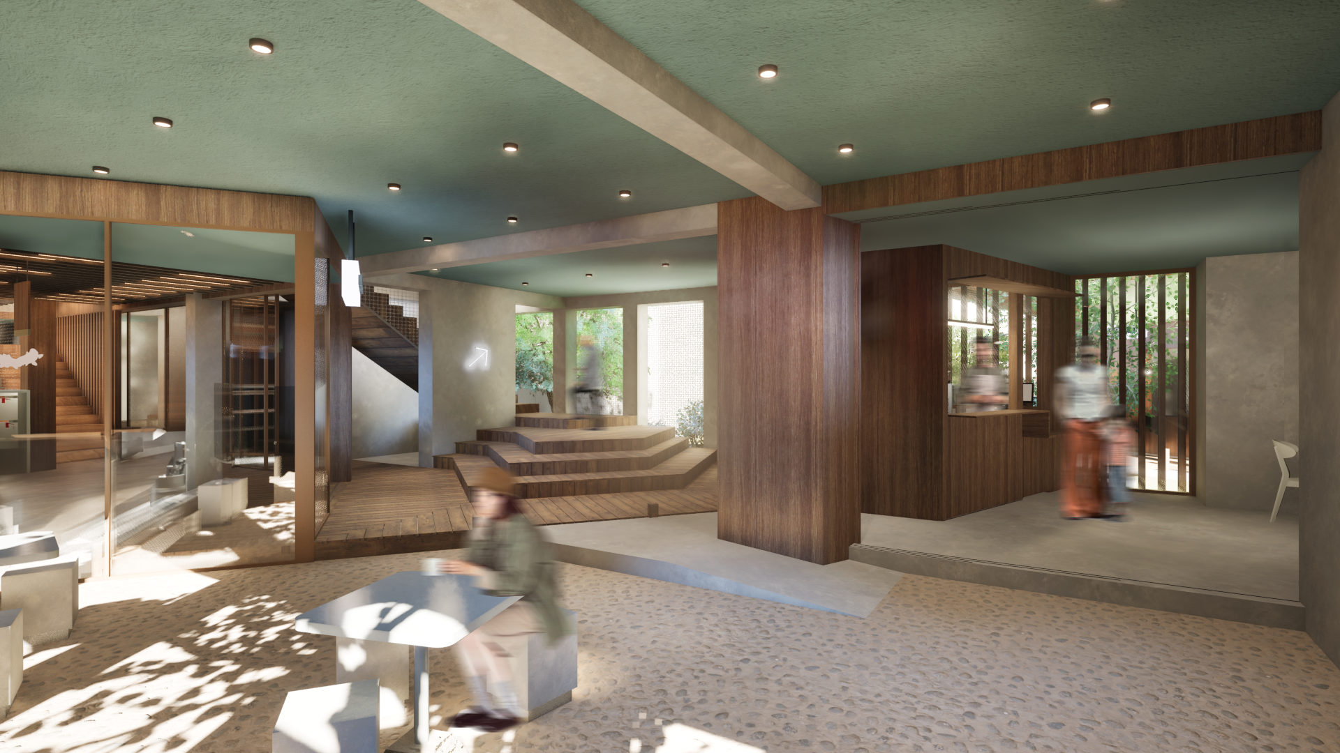 Terrasse couverte accès magasin café escalier aménagement - Concept store Quai Saône