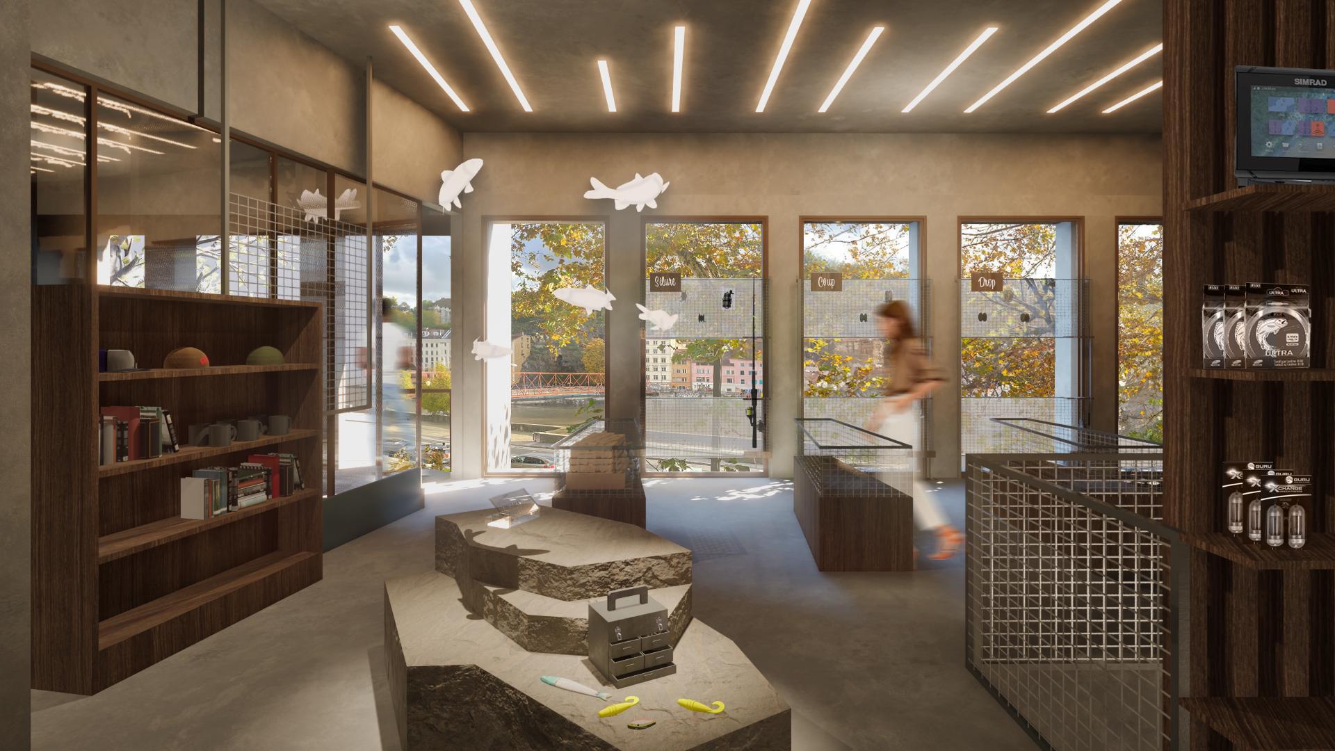 Magasin pêche premier étage baies vitrées vue Saône - Architecture intérieure