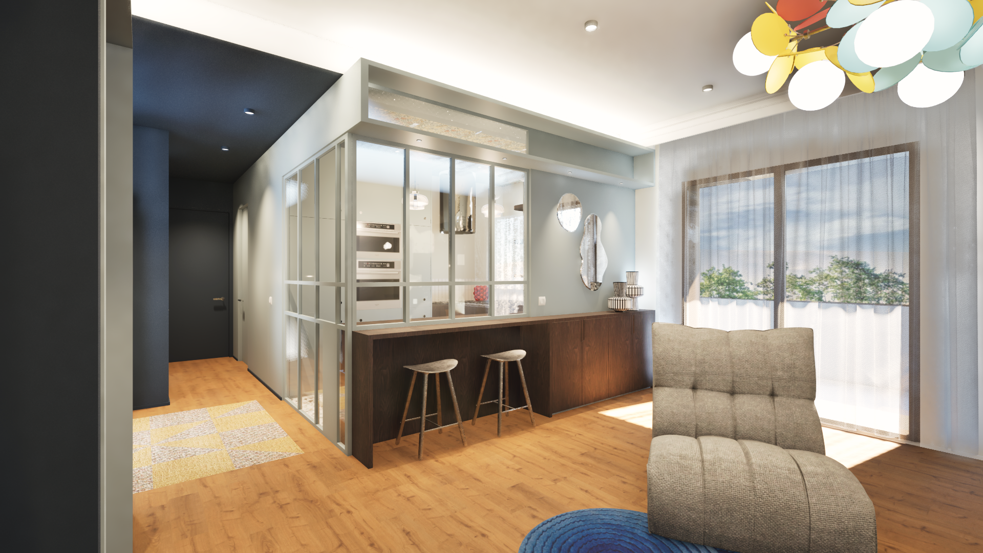 Séjour linéaire rangement bleu niche cheminée - Rénovation appartement Moulin