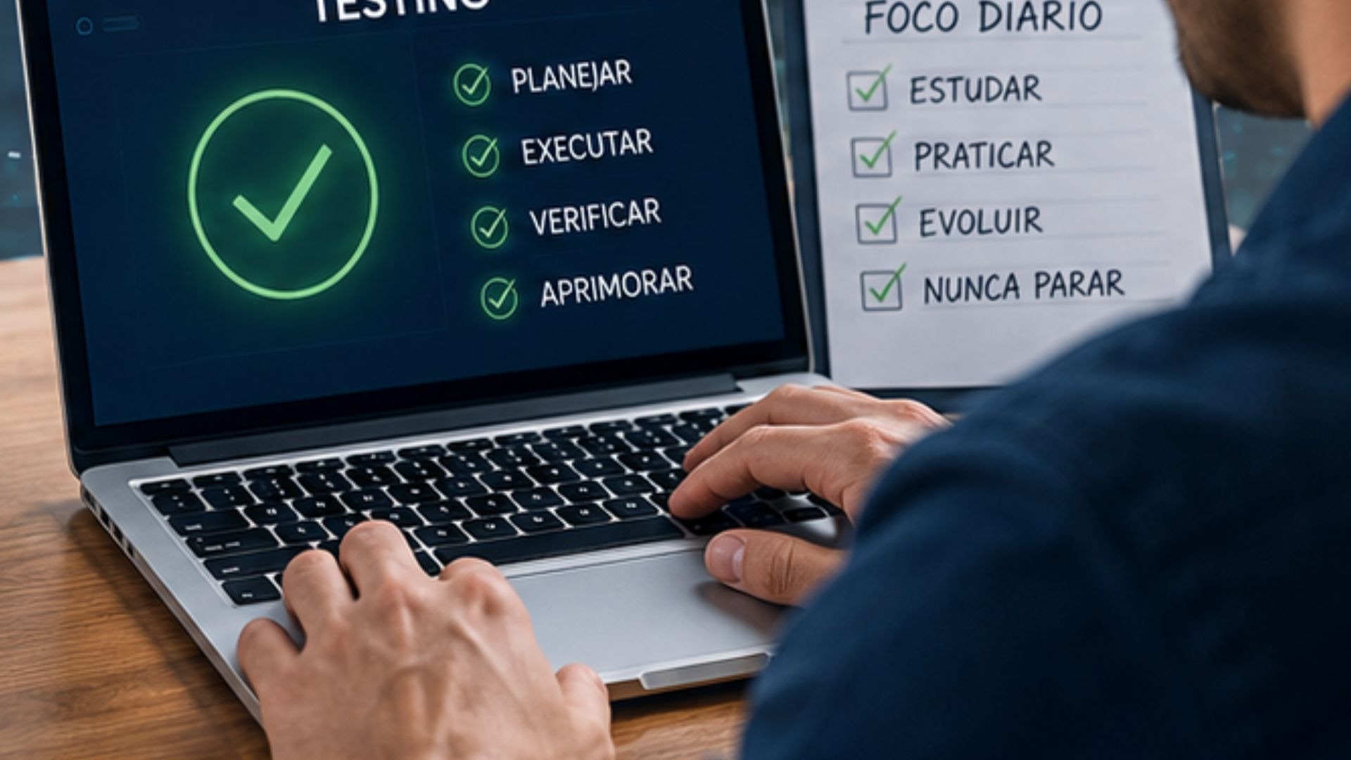 Imagem apresenta um ambiente de trabalho com notebook, checklist de testes de software