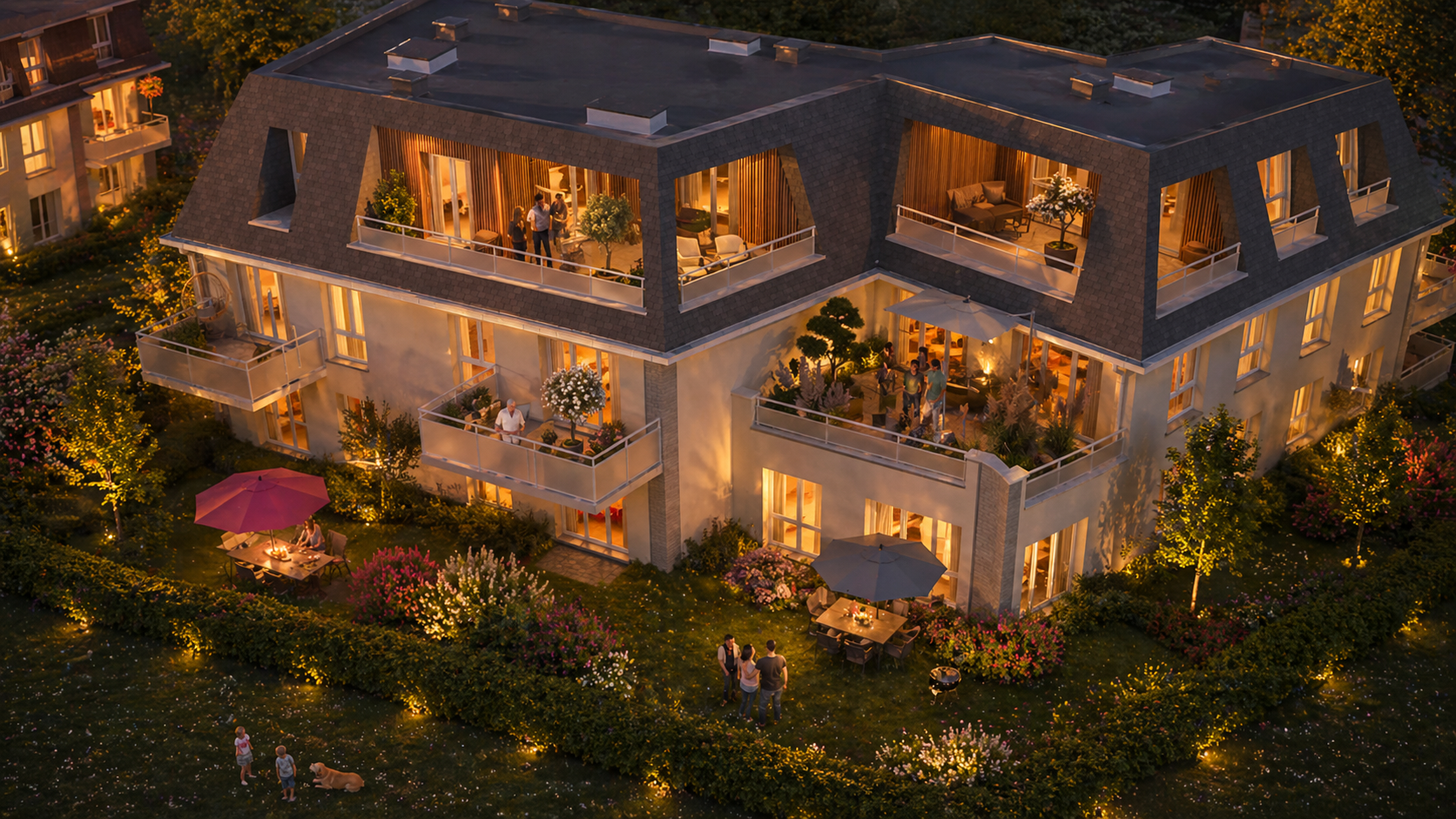 Résidence neuve haut de gamme avec balcons et espaces verts paysagers en extérieur