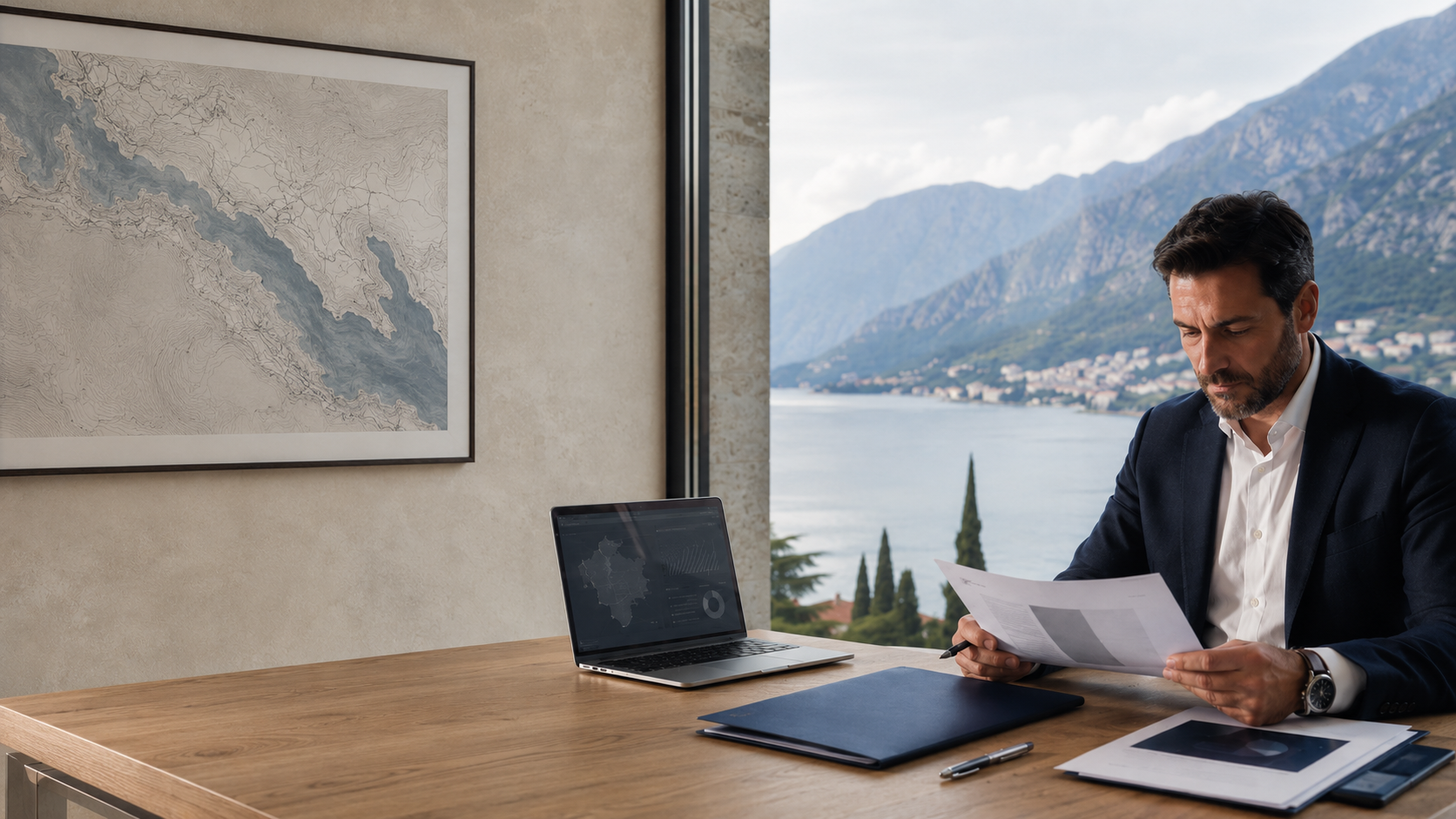 Business professional reviewing company formation documents in an office overlooking the Bay of Kotor, Montenegro
