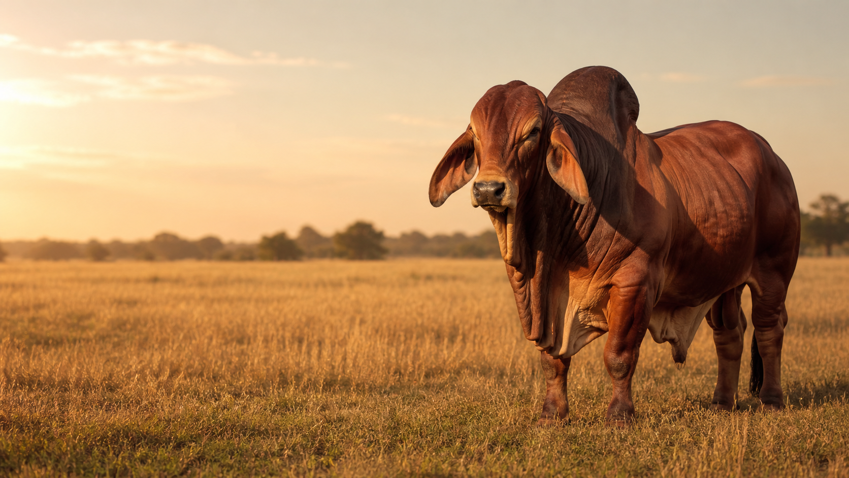 Toro Brahman Rojo en campo dorado al atardecer para ropa ganadera LH