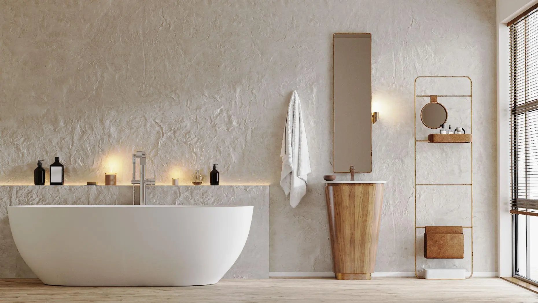 a bathroom with a bathtub and a wooden table