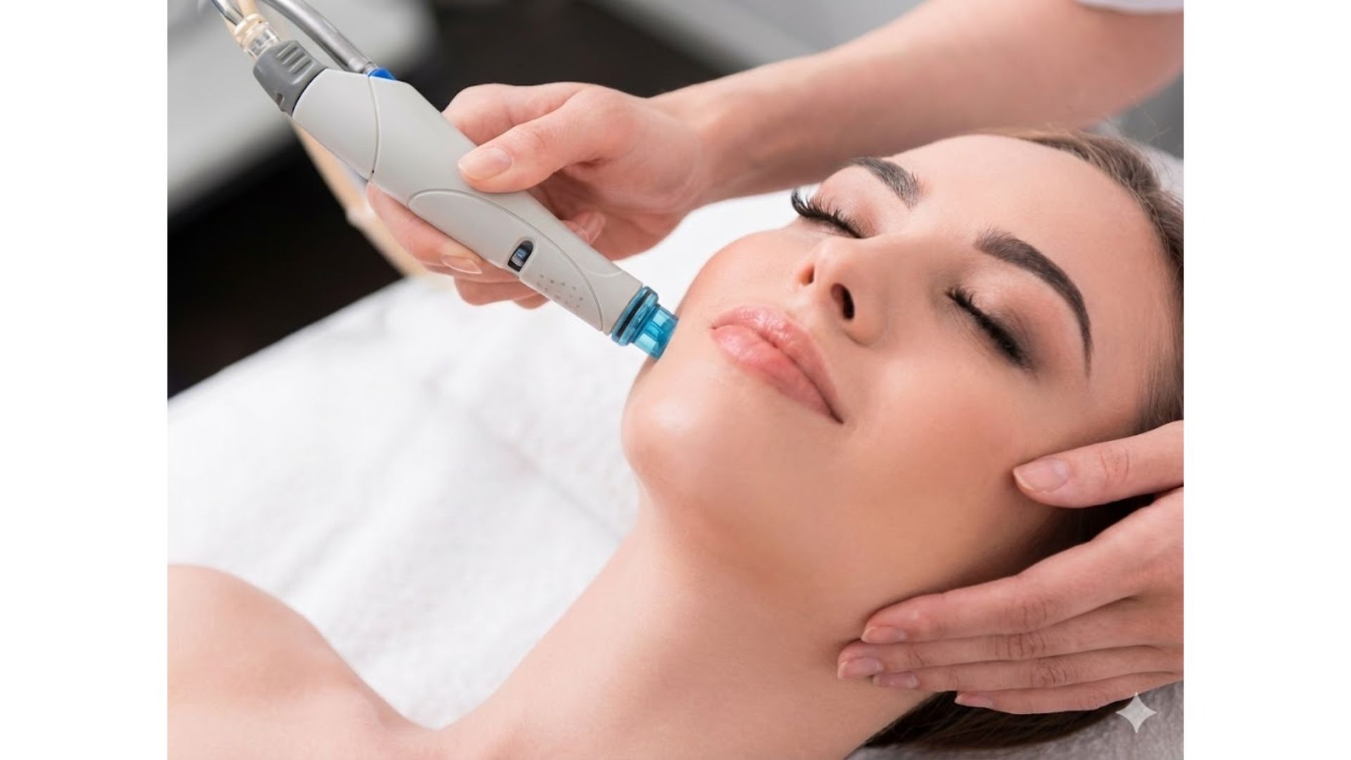 Professional hydrafacial treatment performed on a woman's face at a skincare clinic.