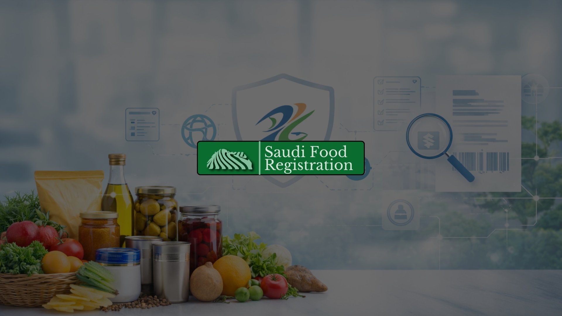 SFDA country of origin compliance background with packaged food products & regulatory verification elements.