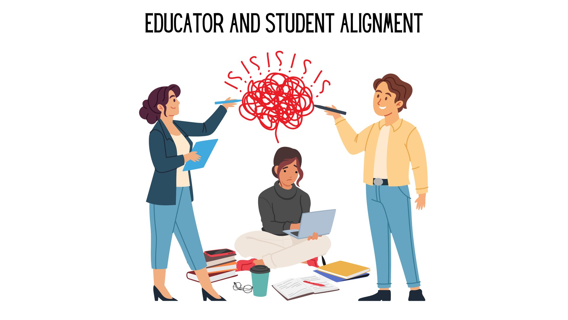 a frustrated student with two teachers writing in a thought bubble over her head