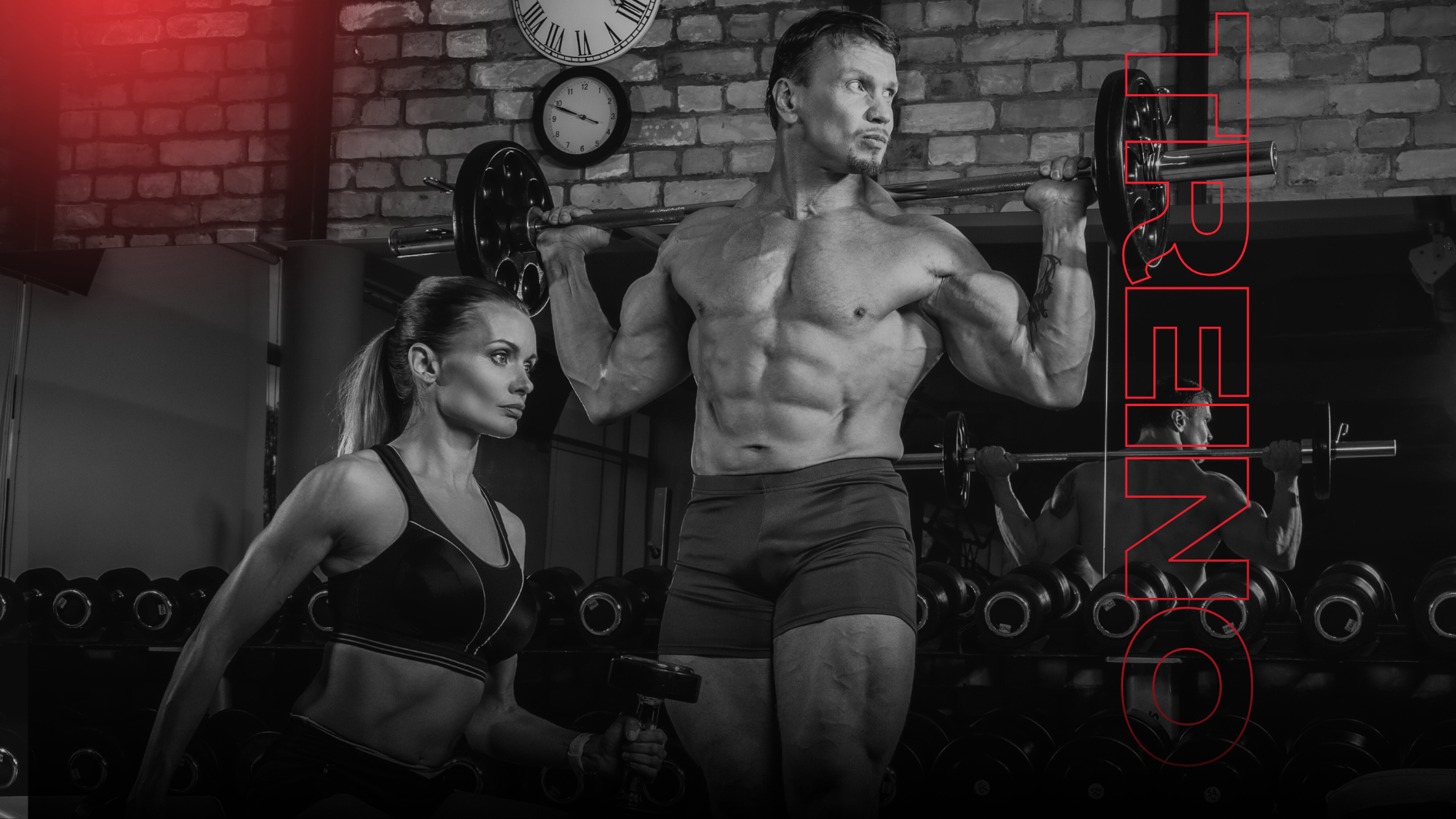 Muscular bodybuilder performing barbell squats next to a female athlete in a gym during a heavy weightlifting workout.