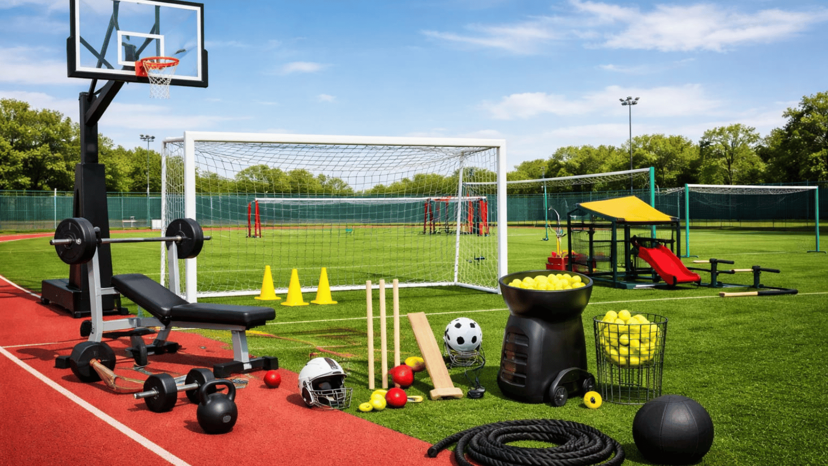 Variety of outdoor sports equipment including weights, basketball hoop, and soccer goal on a green field.