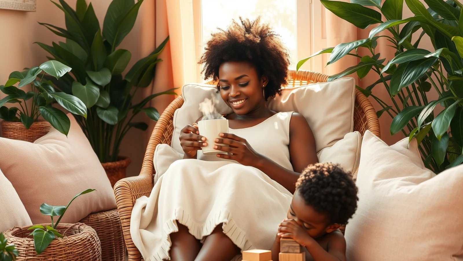 Maman sereine prenant 10 minutes pour respirer et méditer au réveil
