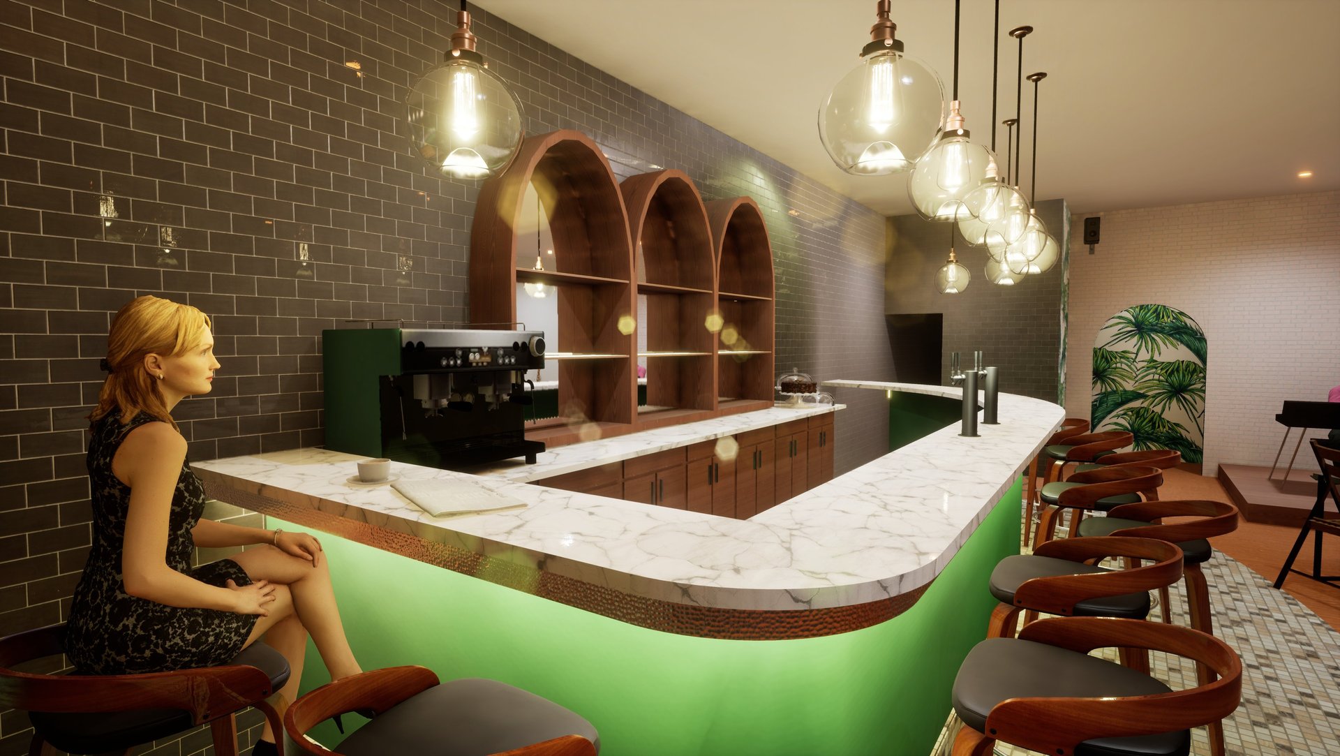 a woman sitting at a bar with a green counter top
