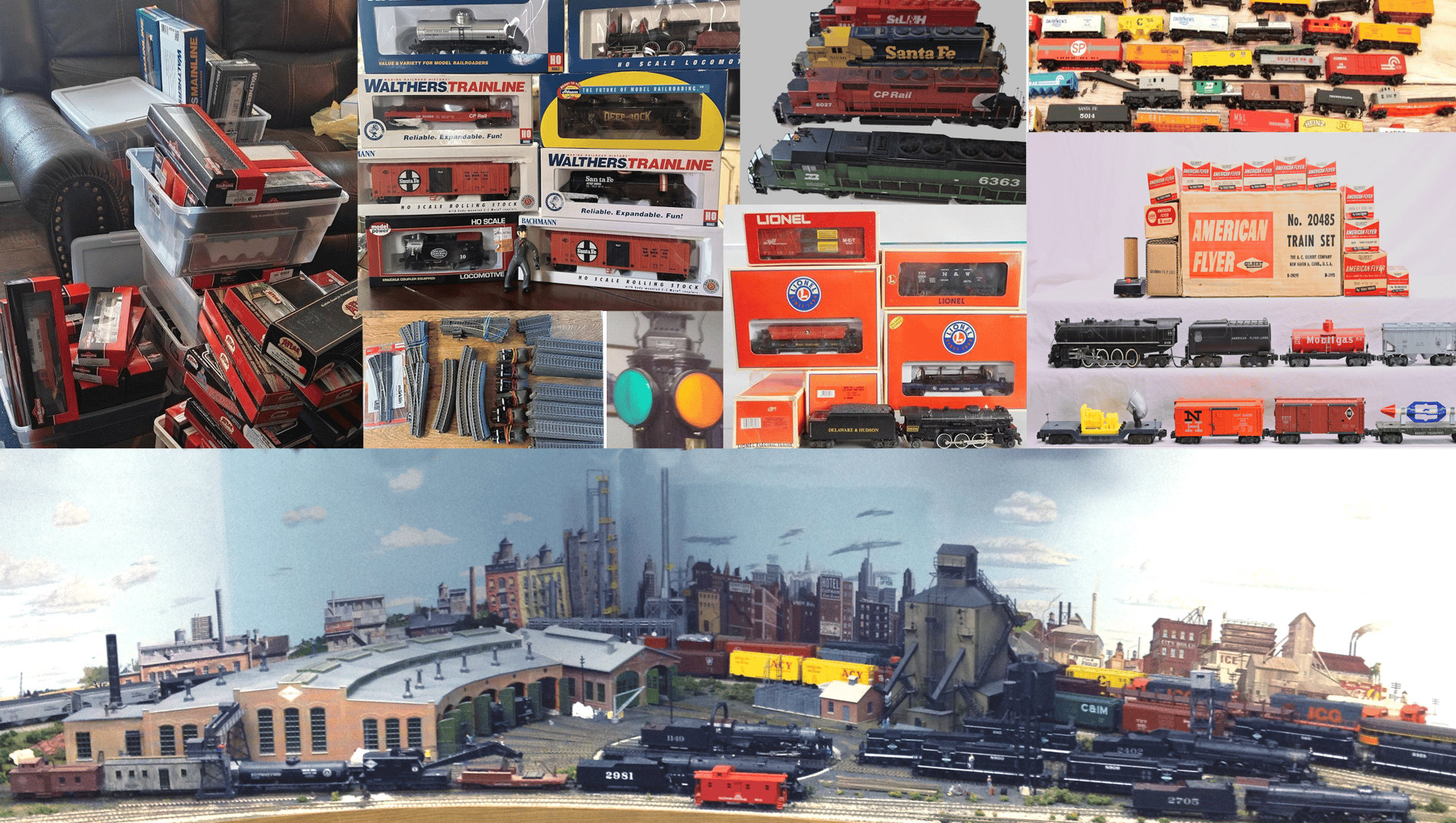 Picture of model train layout, boxes, locomotives, train cars
