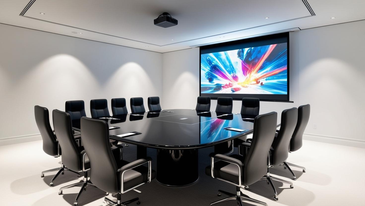 Sala de reunião com mesa grande e cadeiras tela elétrica sendo projetada