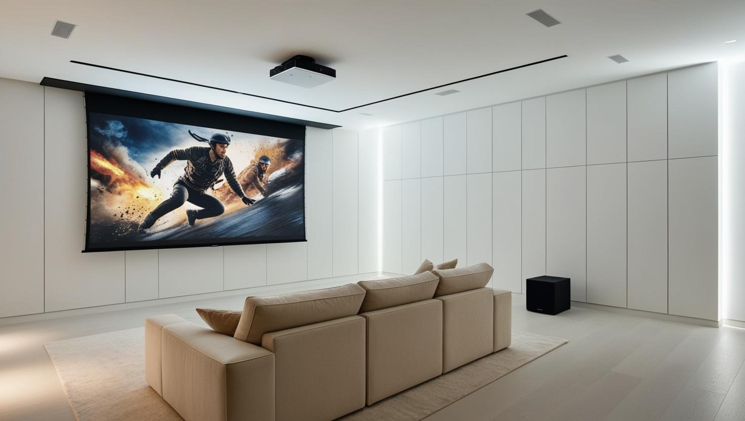 sala ampla de cinema em casa com tela e projetor