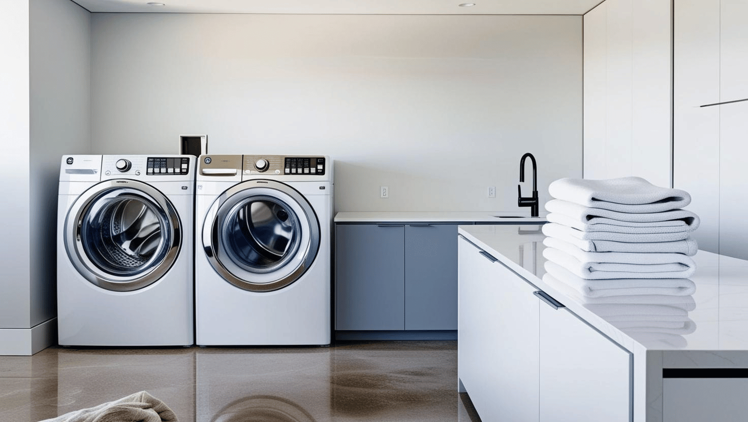 lavanderia com maquina de lavar e secadora de roupas