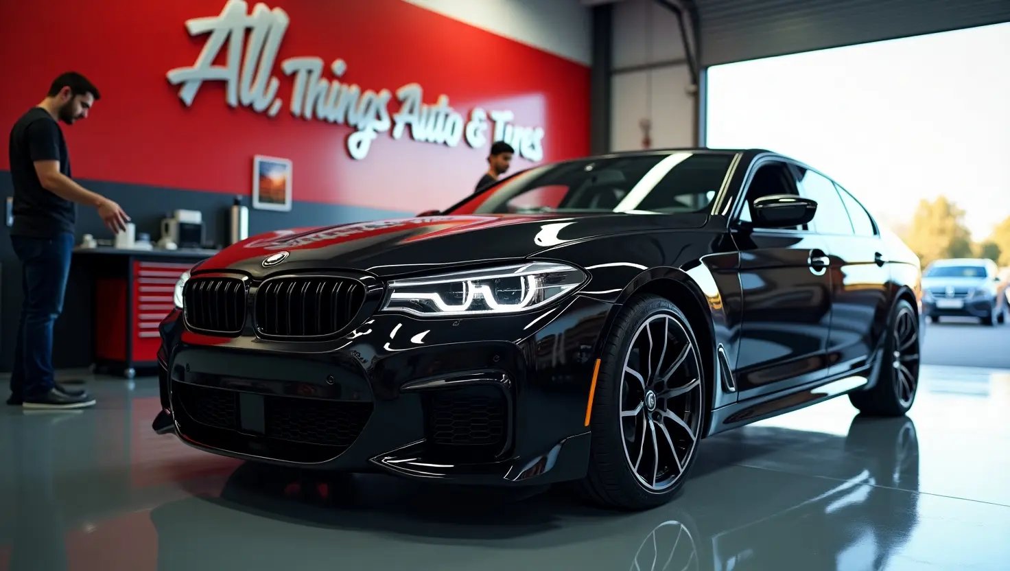 Luxury black BMW at All Things Auto & Tires, a professional car care shop