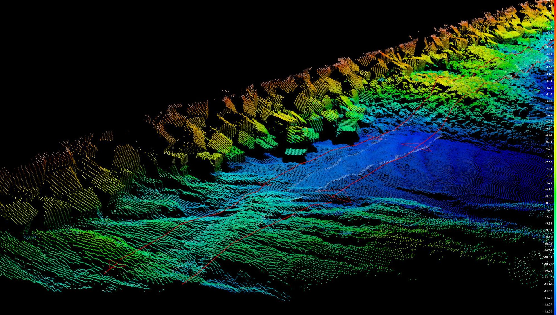 3d de bloques de un dique hecho con con batimetría multihaz