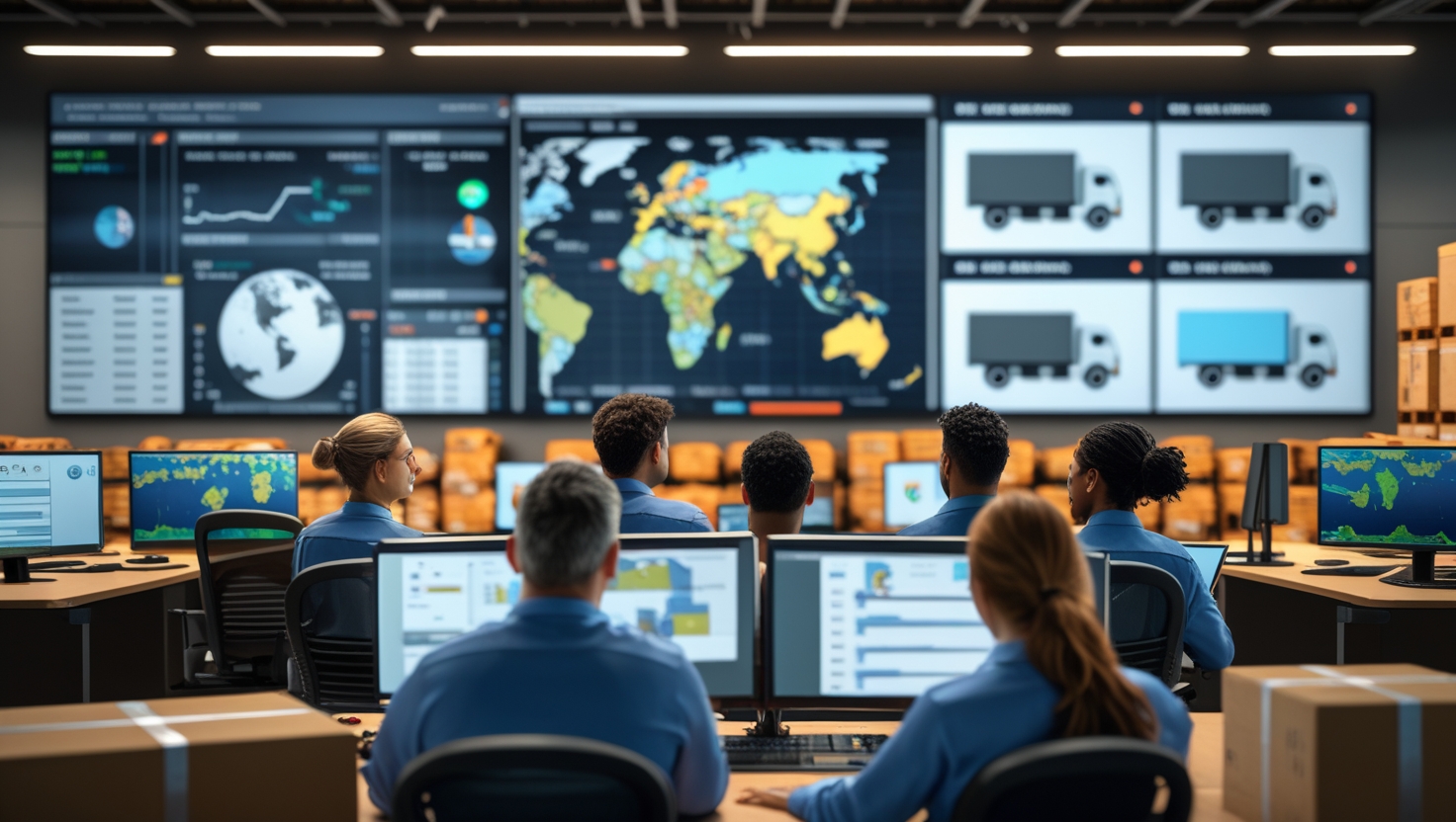 a group of people in a room with multiple monitors