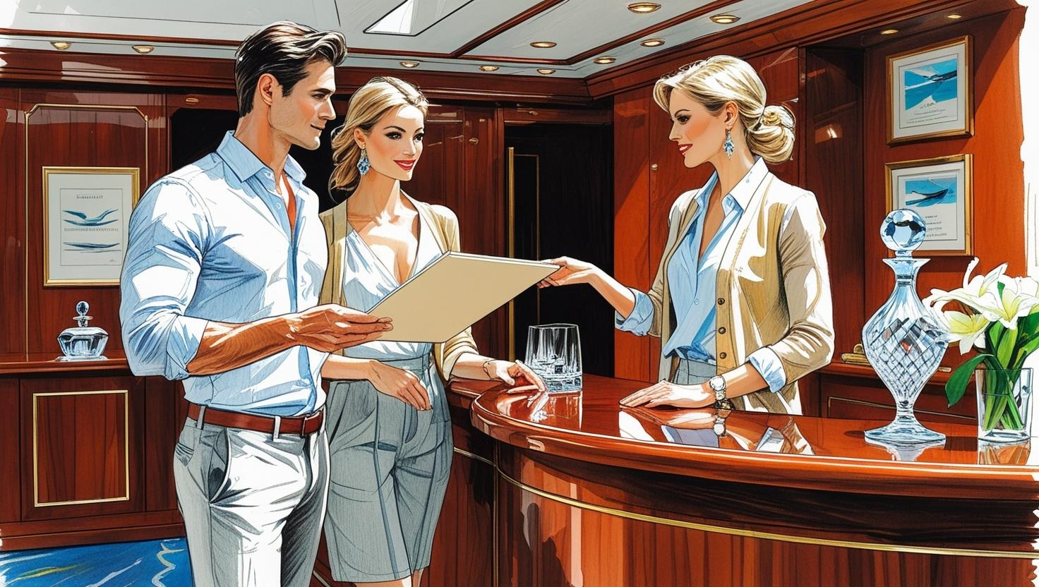 Casal planejando como usar o Onboard Credit (OBC) no balcão de recepção do navio.