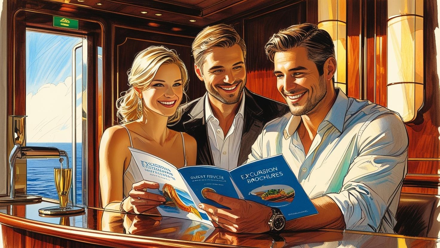 Passageiros decidindo qual excursão reservar no balcão do navio usando o Onboard Credit (OBC).