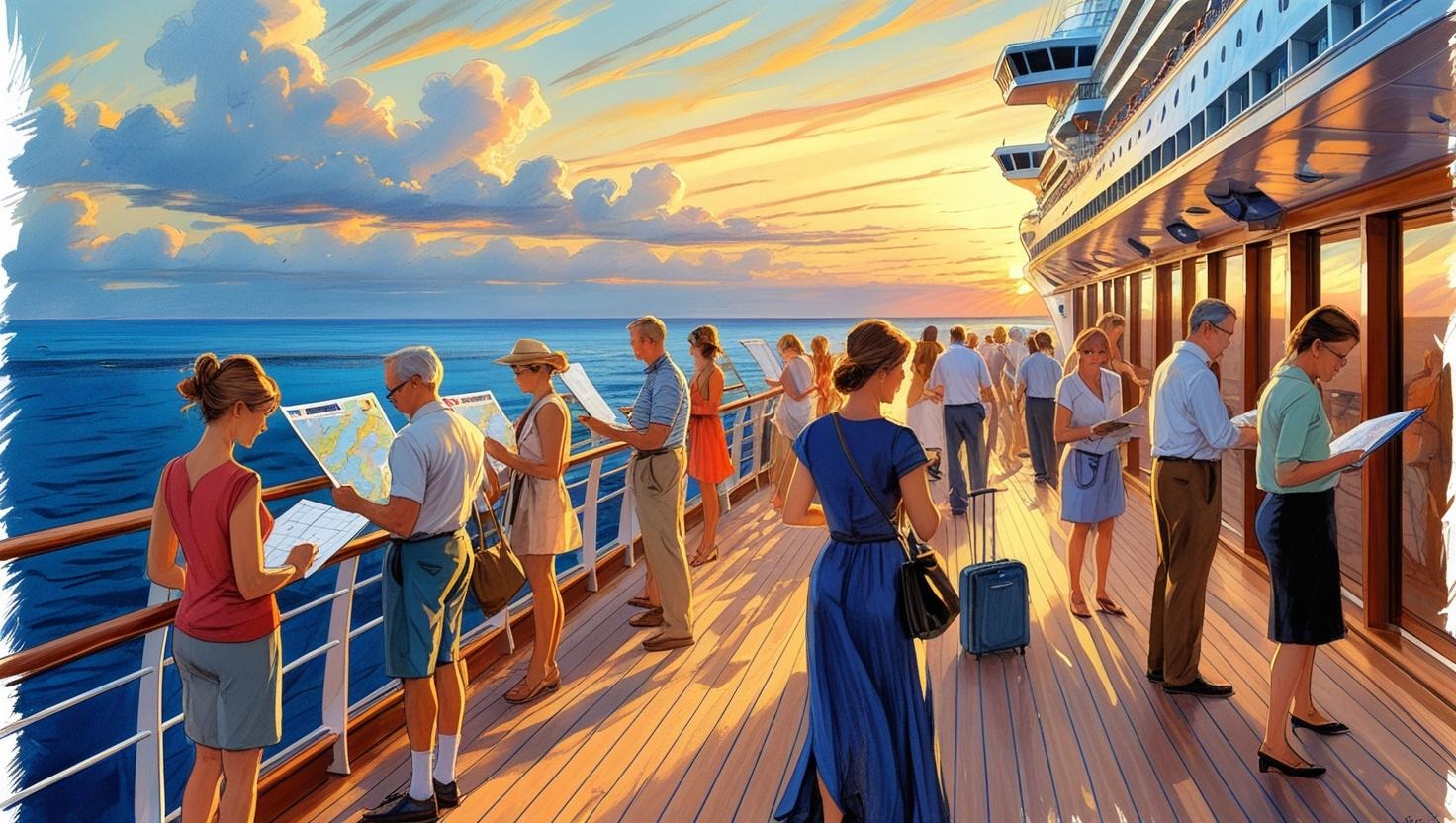 Dia de navegação a bordo: passageiro escolhendo excursões de cruzeiro no deck