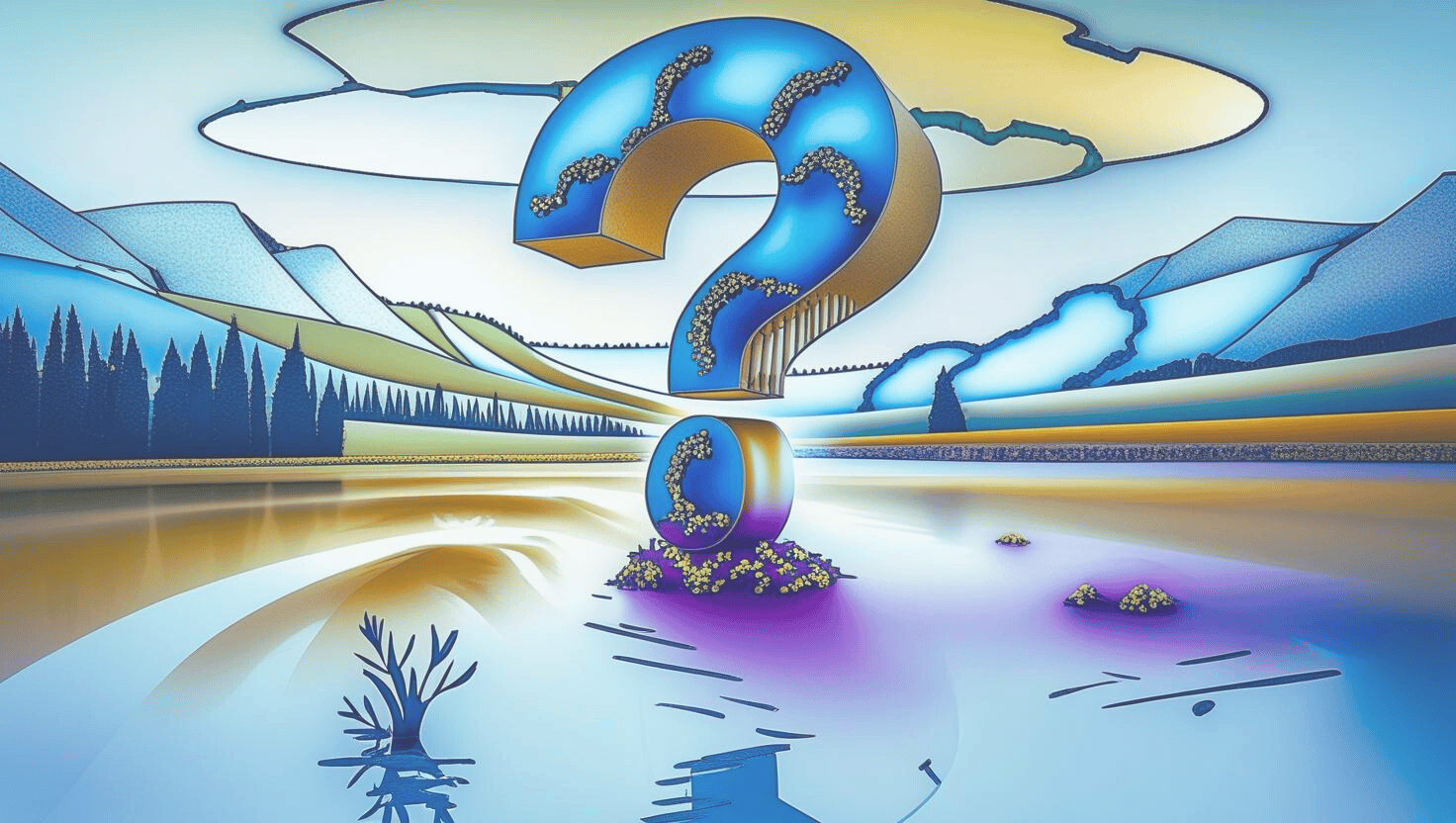 A large stylised question mark symbol rising out of a lake