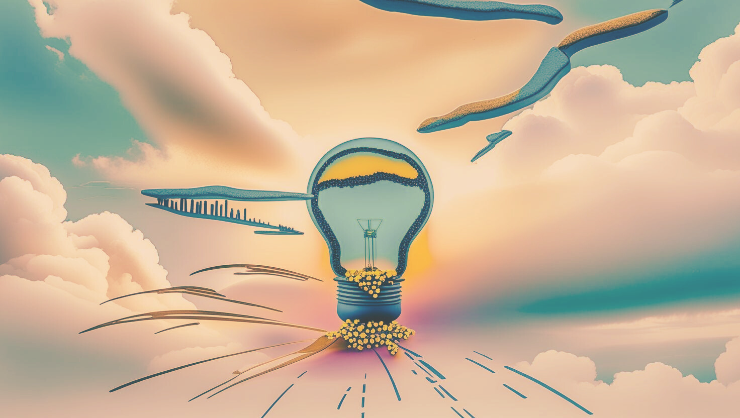 A lightbulb in a cloudy sky