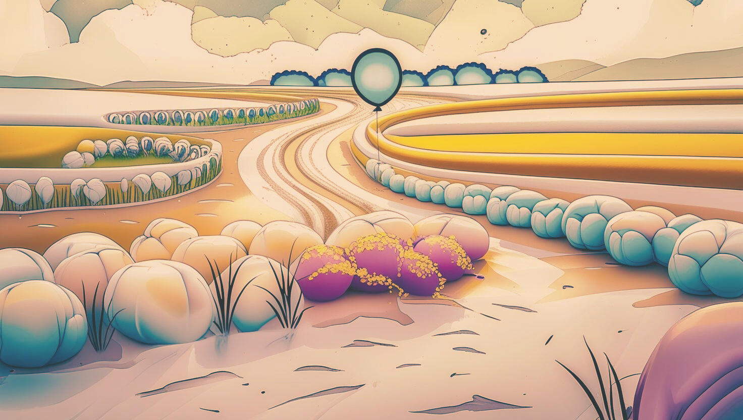 A balloon floating down a winding path