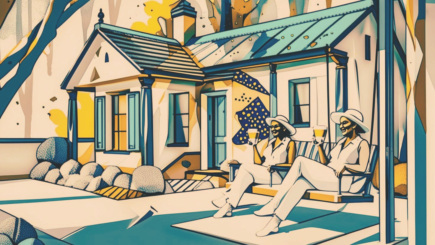 two women sitting on a bench in front of a house