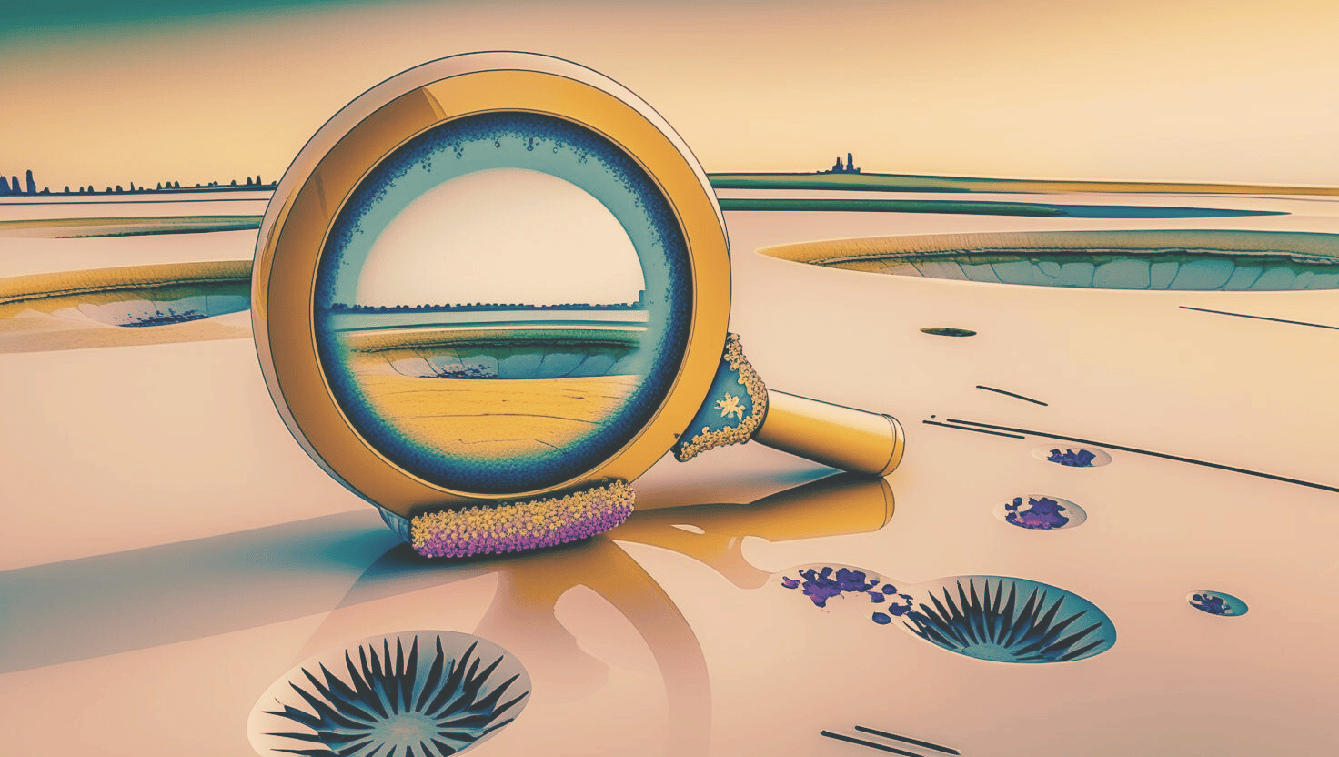 A magnifying glass in a surreal landscape