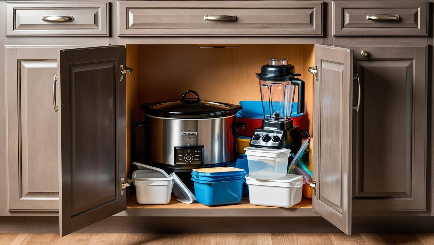 A messy, cluttered base kitchen cabinet the could benefit from pull out shelf installation.