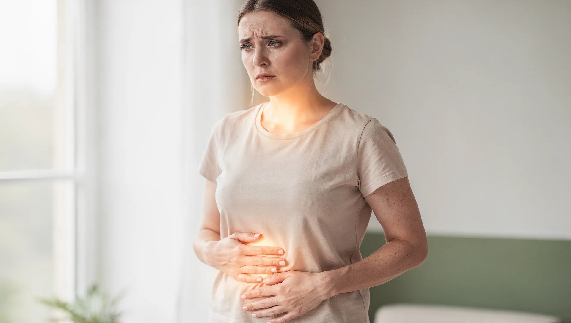 Donna con sintomi di tiroidite di Hashimoto, espressione affaticata e mani sull’addome gonfio