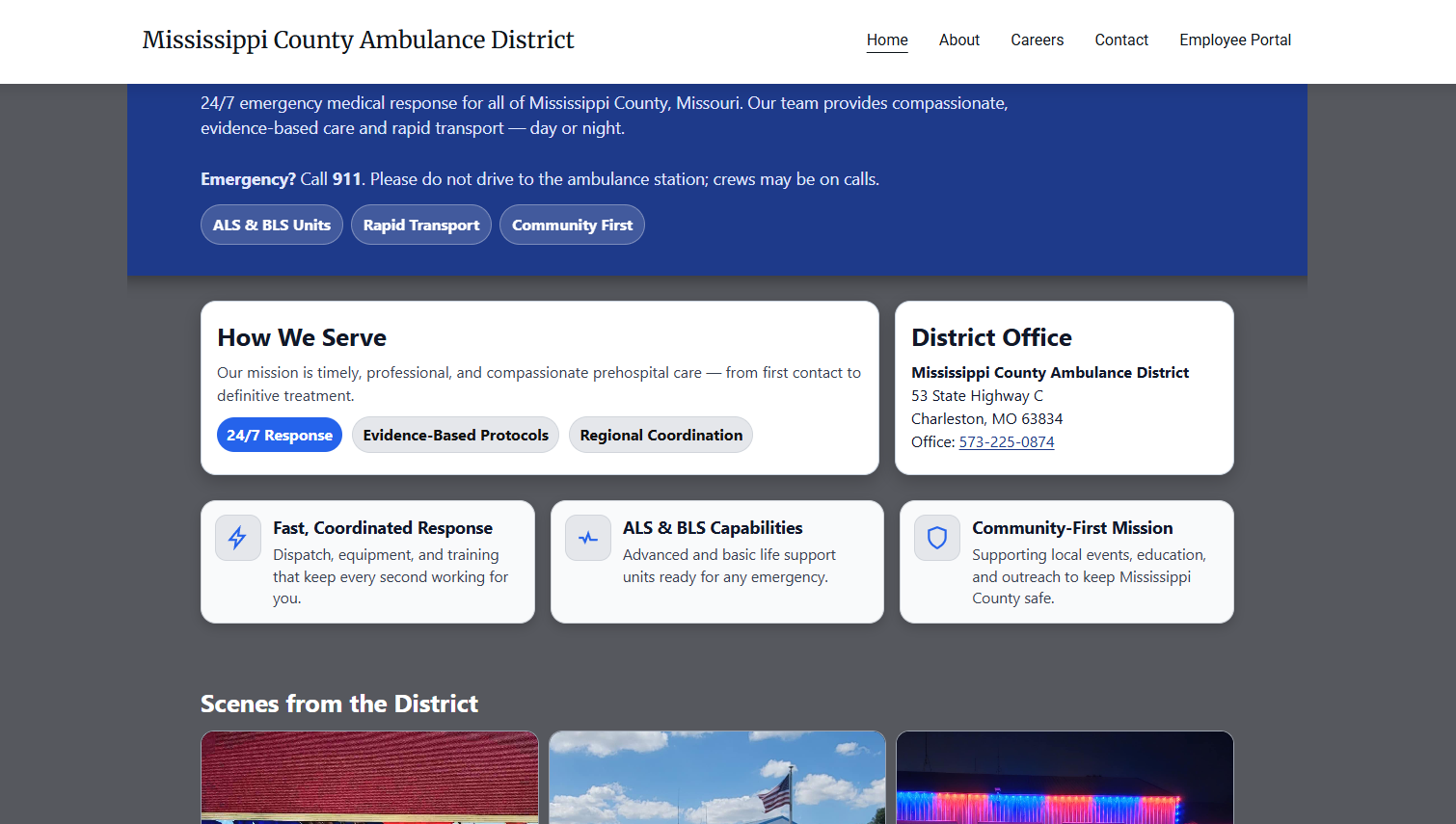 The official website for Mississippi County Ambulance District providing 24/7 emergency medical services in Missouri.