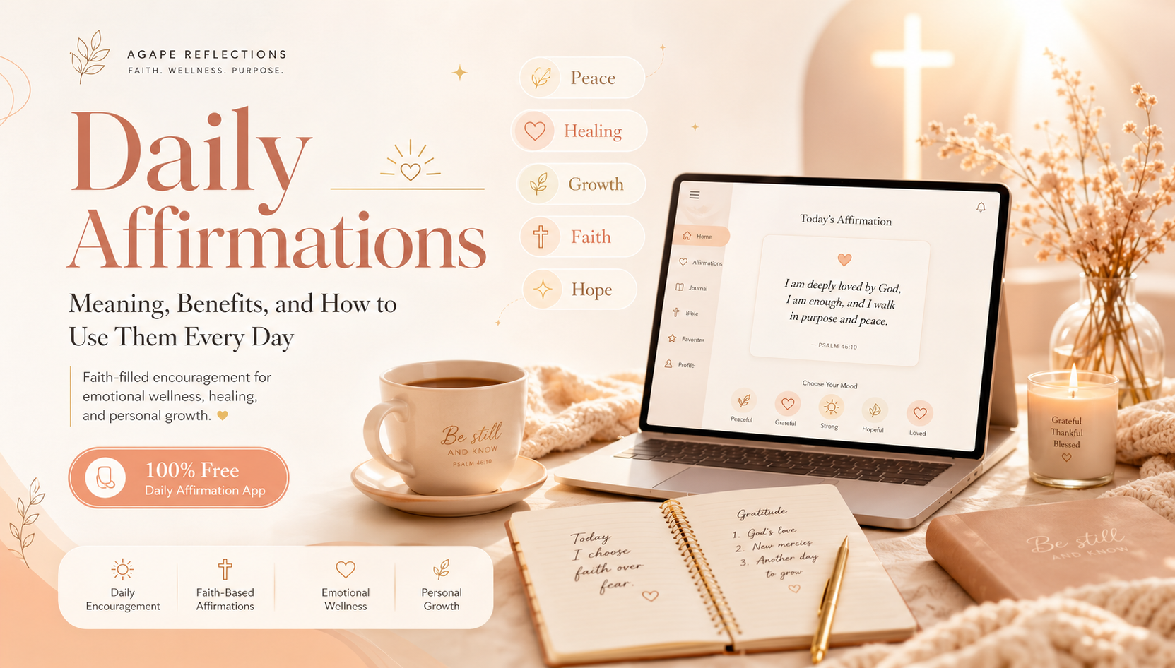 Daily Christian affirmations app on a laptop with a journal and coffee for emotional wellness.