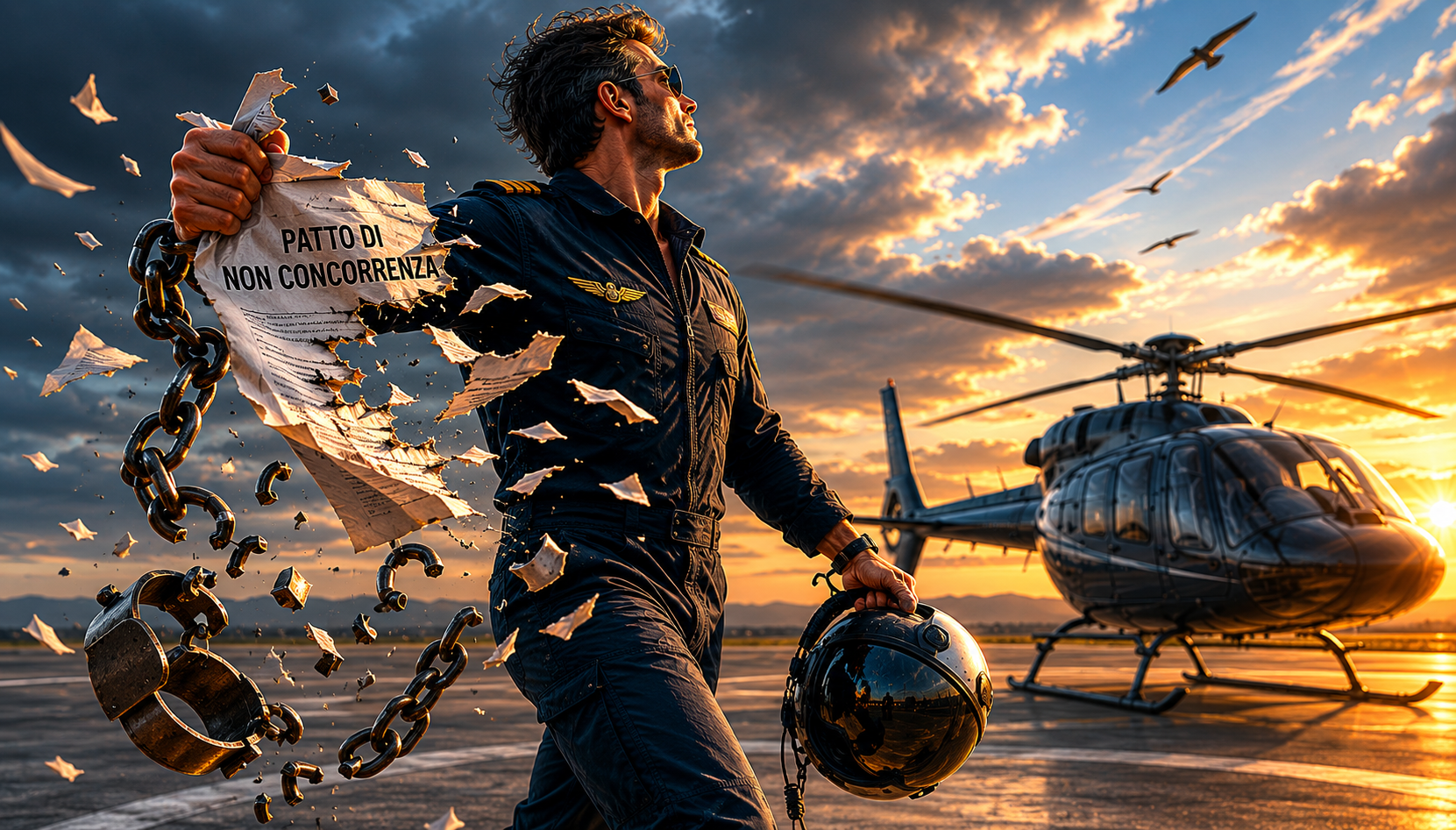 A pilot breaks chains and a non-compete agreement near a helicopter at sunset, symbolizing career freedom.