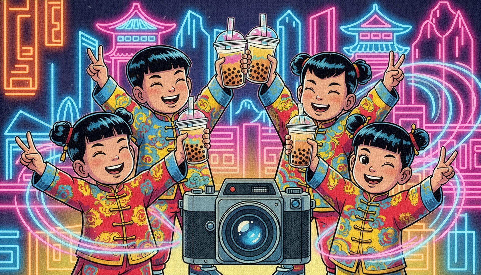 children drinking bubble tea in front of a photo booth