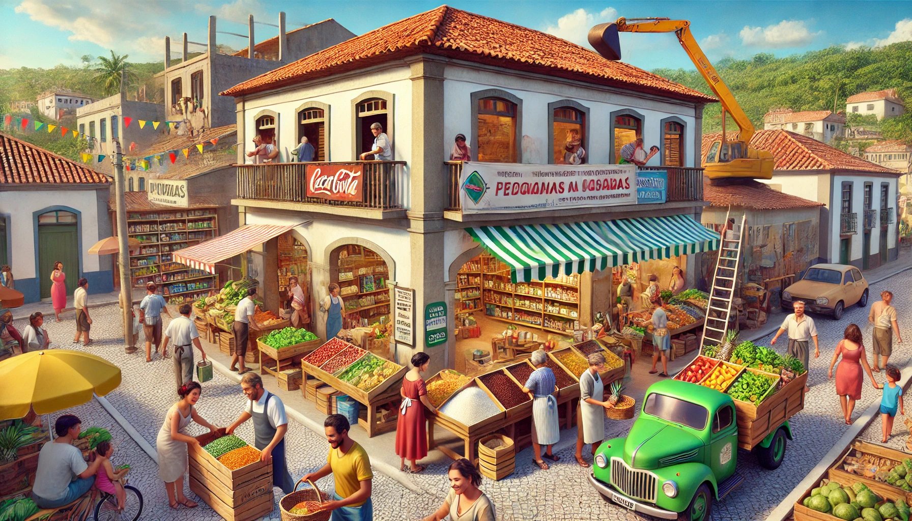 ilustração de uma mercearia expandindo e com melhorias sendo feitas.
