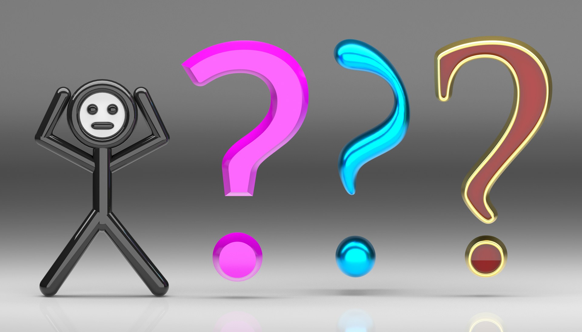 Confused black stick figure with hands on head standing next to colorful 3D question marks.